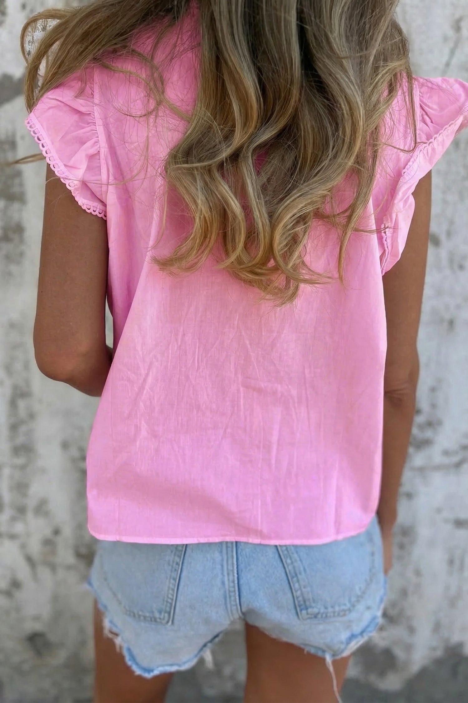 Bonbon Lace Detail Flutter Sleeve Pleated Round Neck Blouse – Pink