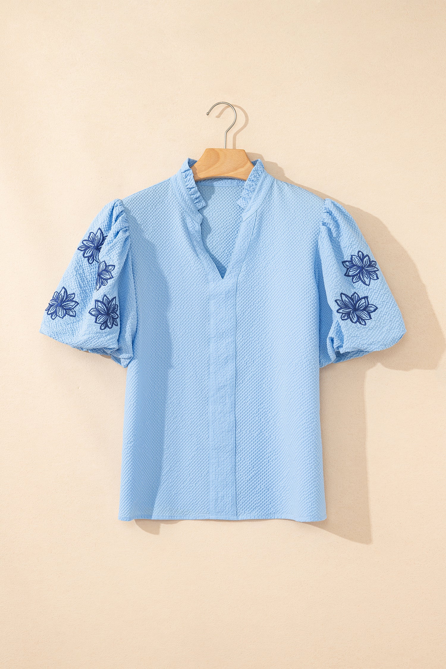 Floral Embroidered Puff Sleeve Split Neck Textured Blouse