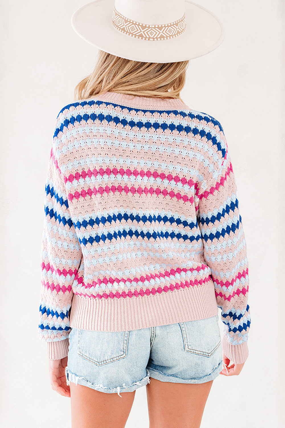 Striped Eyelet Patterned Drop Shoulder Knit Sweater - eAura