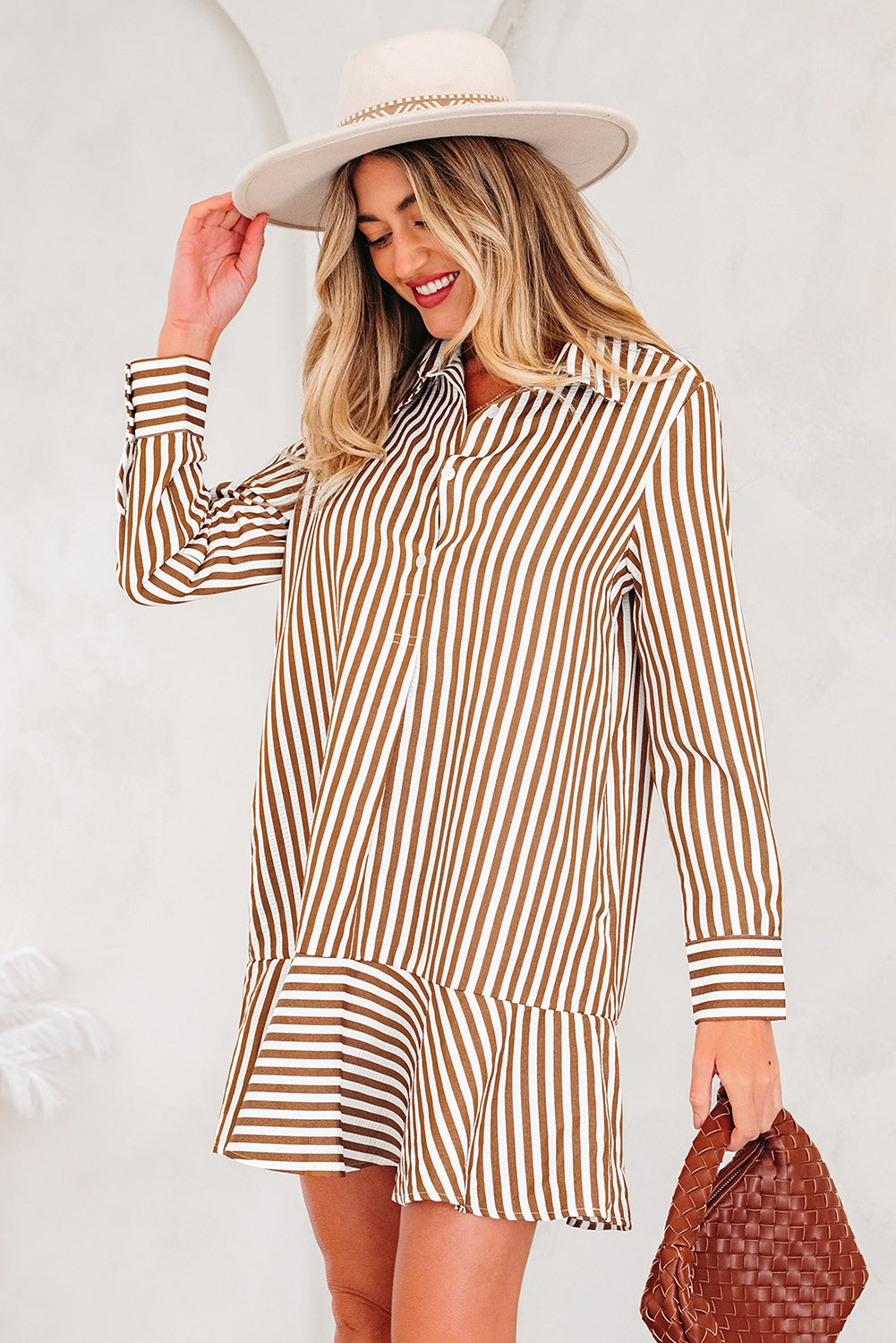 Ruffled Hem Collared Long Sleeve Shirt Mini Dress - eAura