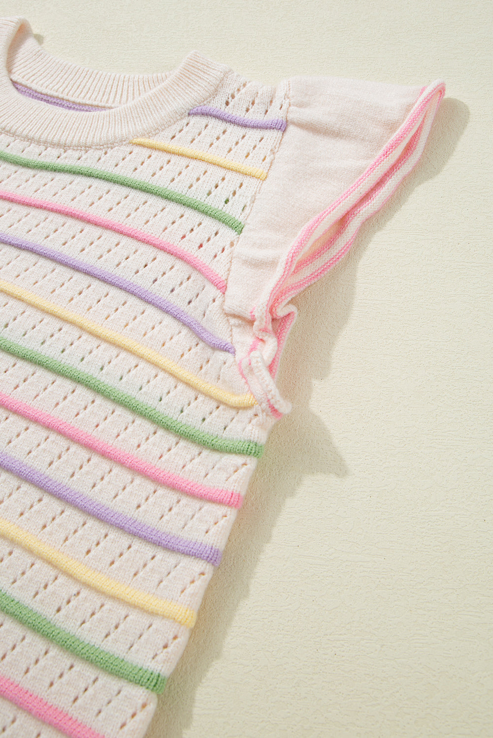 Oatmeal Colourful Striped Eyelet Knit Ruffled Sleeve Sweater T Shirt eAura