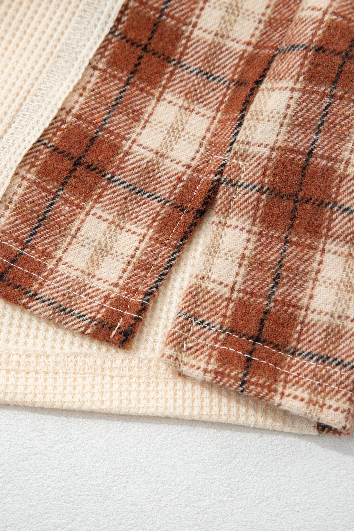 Waffle Textured V Neck Plaid Colourblock Drop Shoulder Long Sleeve Top – Beige