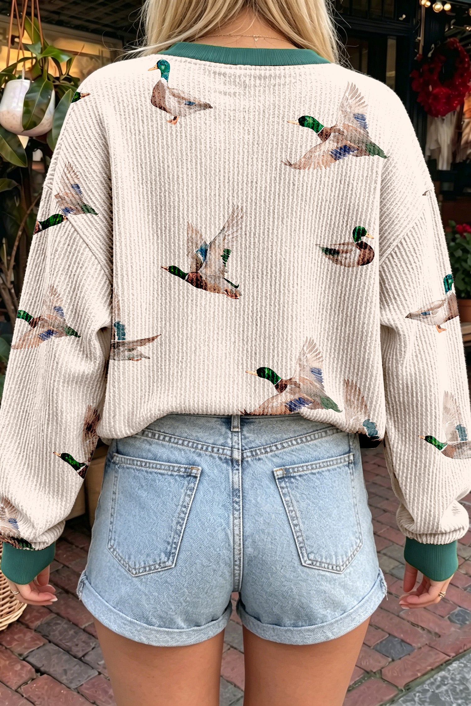 Twisted Ribbed Duck Print Crewneck Casual Pullover Top – Beige