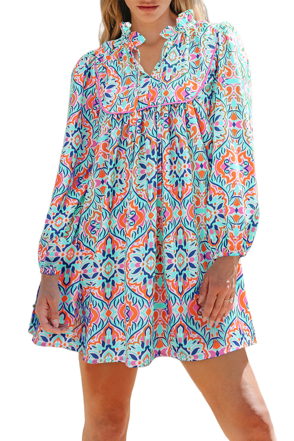 Sky Blue Abstract Printed Long Sleeve Tied Neckline Mini Dress eAura