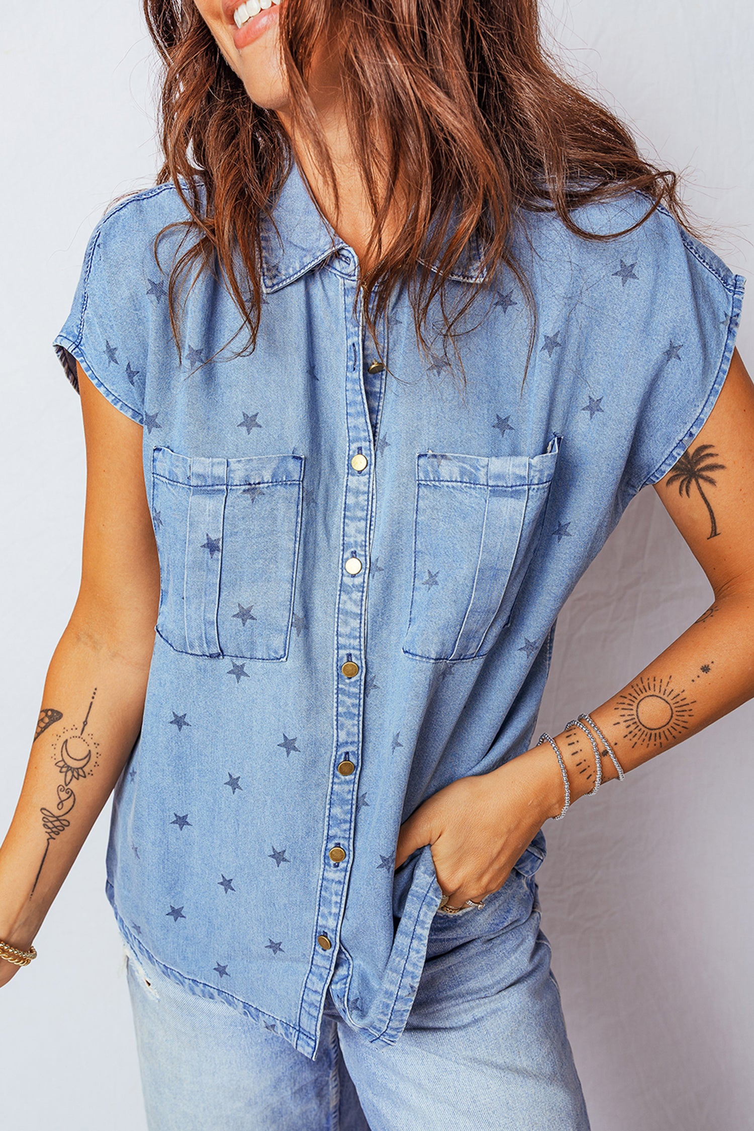 Star Print Double Chest Pocket Short Sleeve Denim Shirt - Blue / L - Tops/Blouses & Shirts