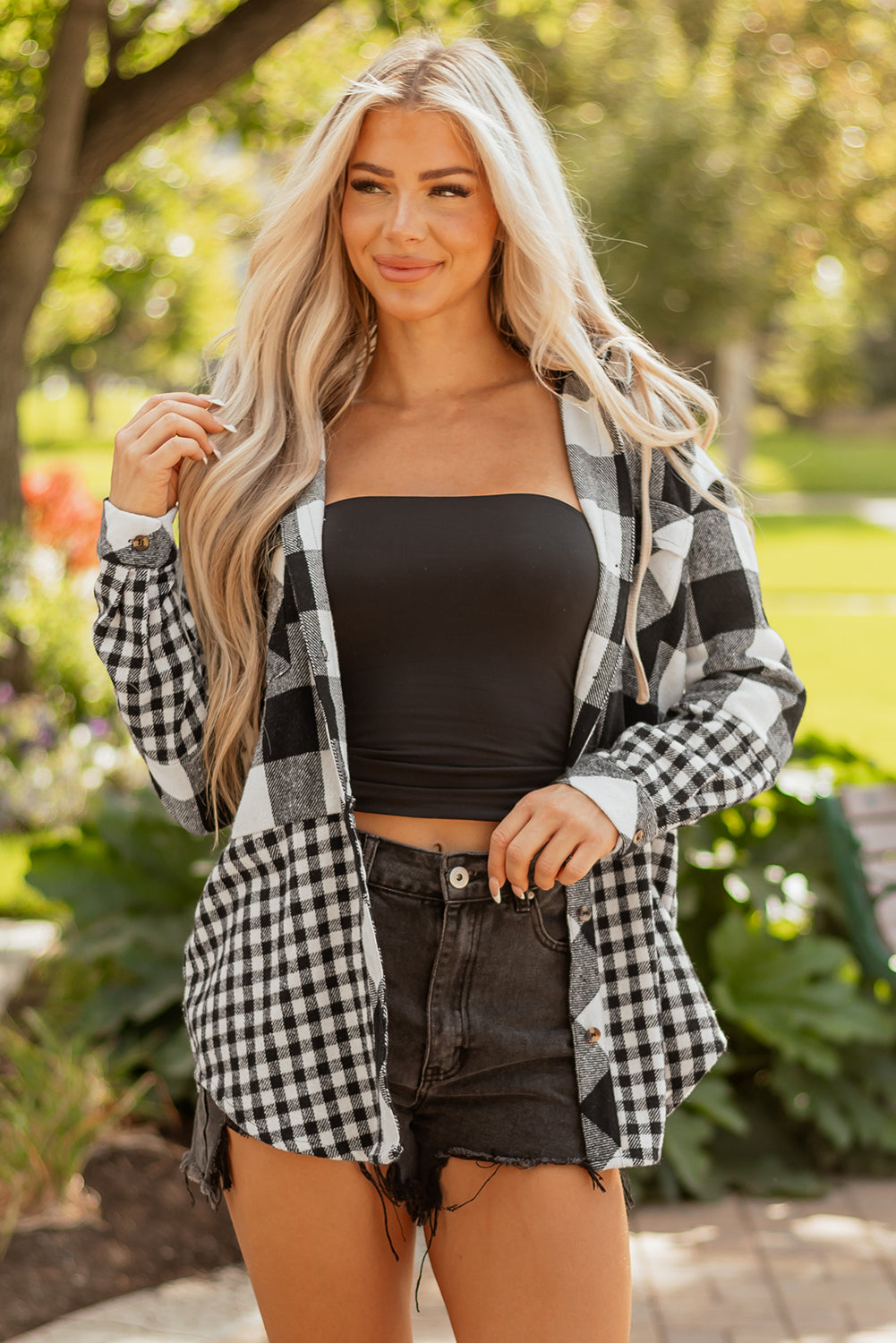 Black Double Plaid Patchwork Drawstring Hooded Shacket eAura