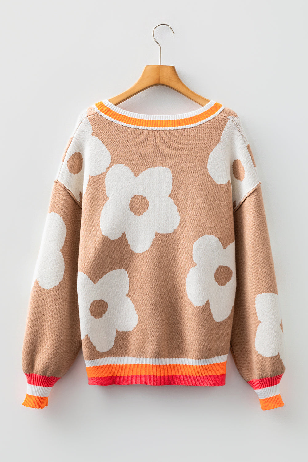 Big Flower Pattern Contrast Striped Baggy Sweater - eAura