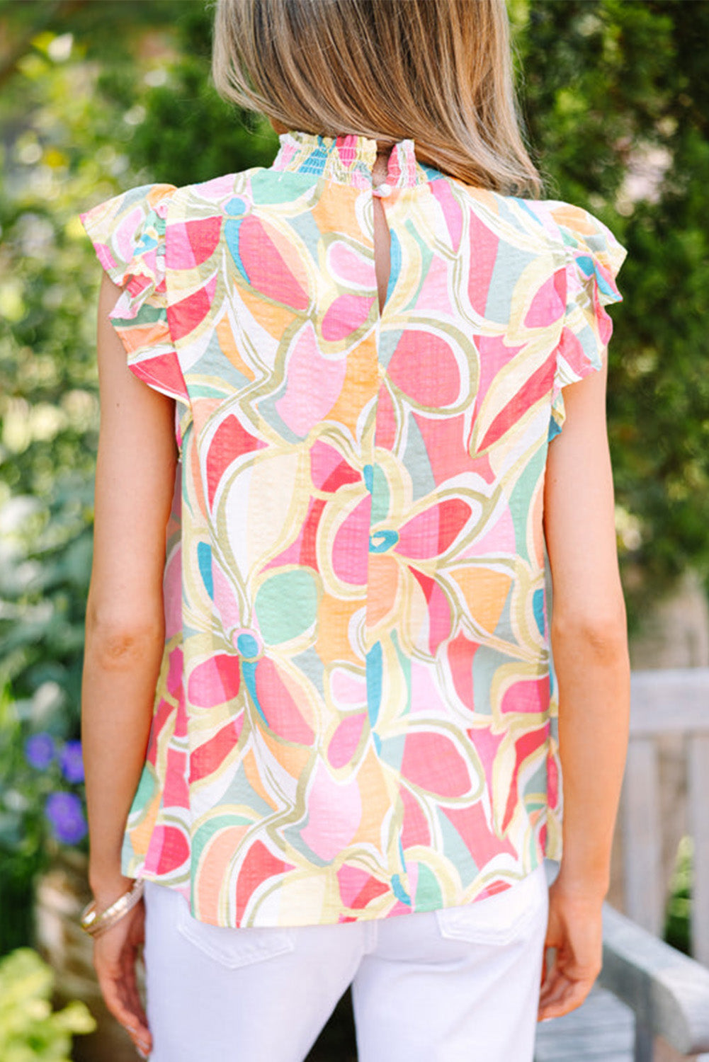 Yellow Abstract Print Smocked Collar Ruffled Sleeve Blouse eAura
