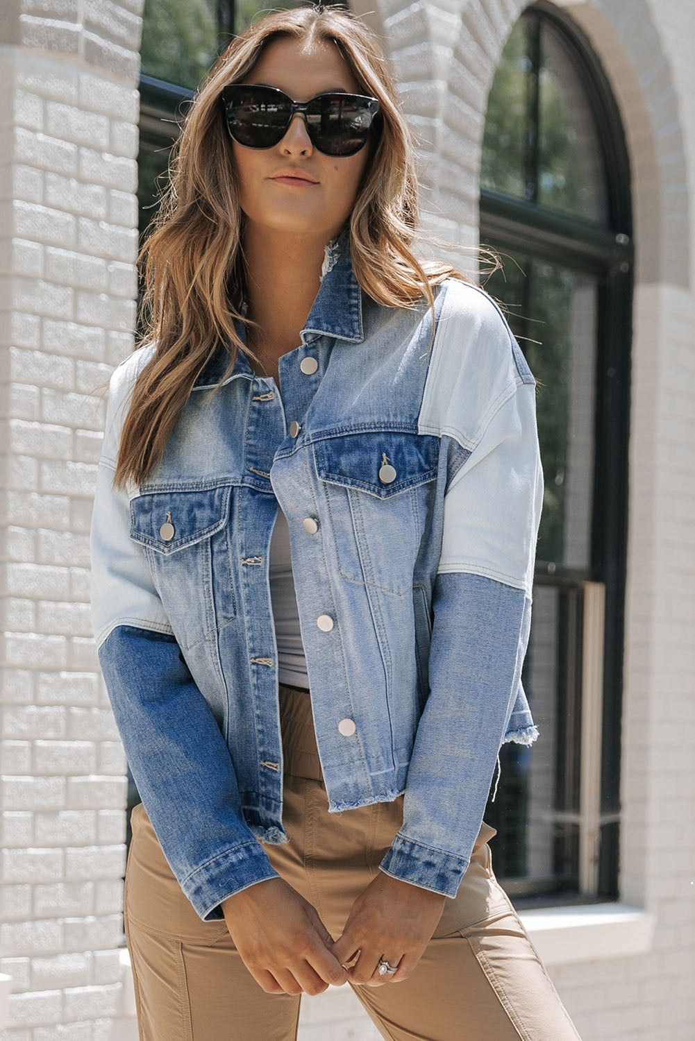 Sky Blue Colour Block Denim Patchwork Frayed Hem Jacket Beagle Boutique Fashion Outlet