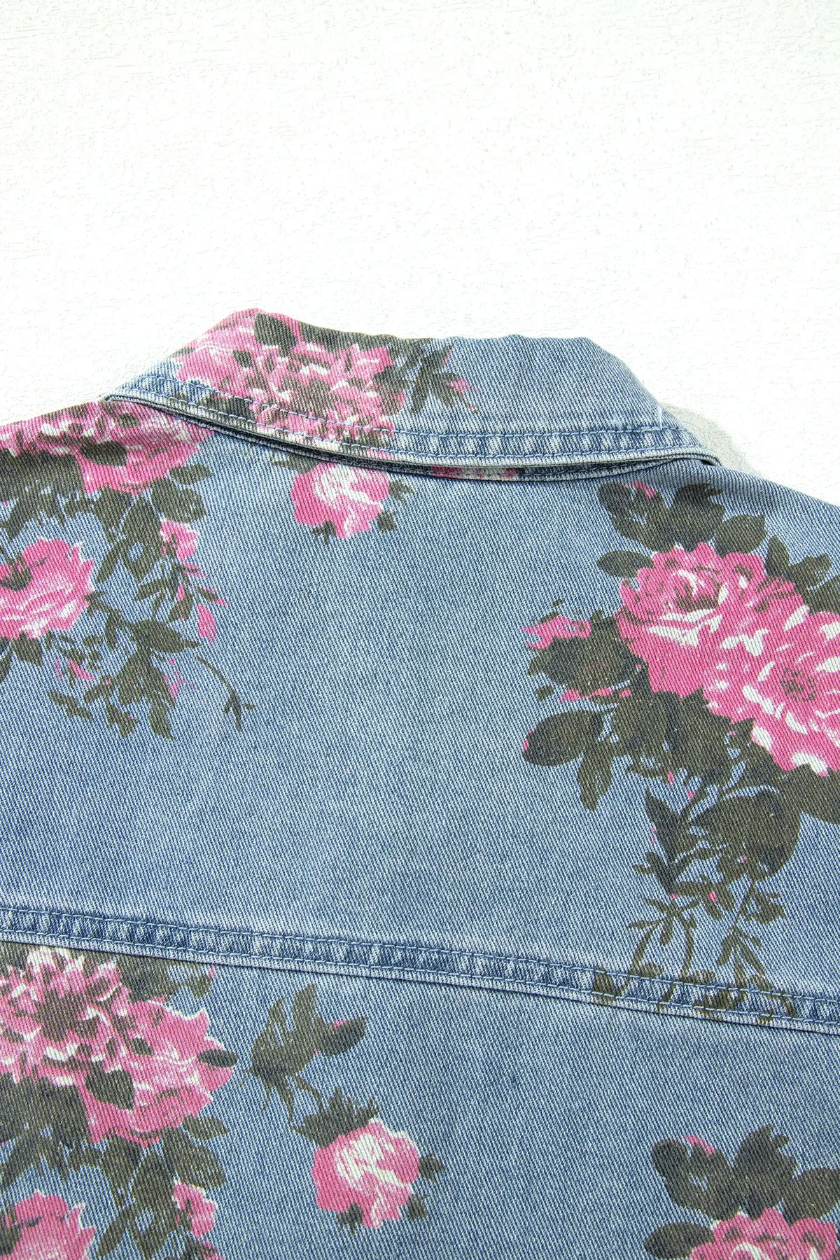 Sky Blue Floral Print Raw Seam Ruffle Hem Denim Jacket – Light Blue