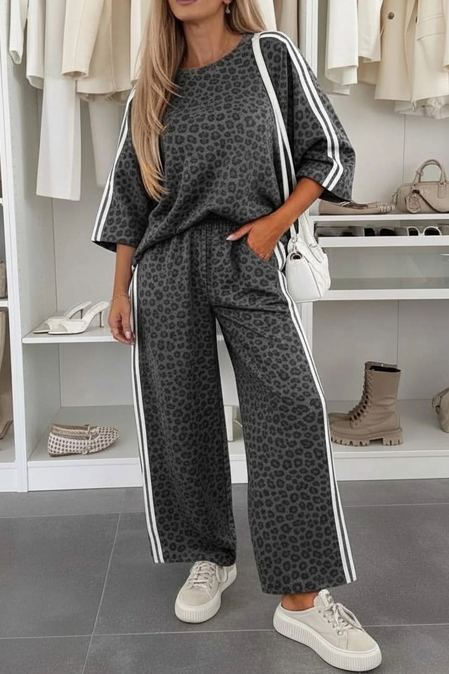 Leopard Print Varsity Striped Detail 3/4 Sleeve Top Shift Pant Set – Pink