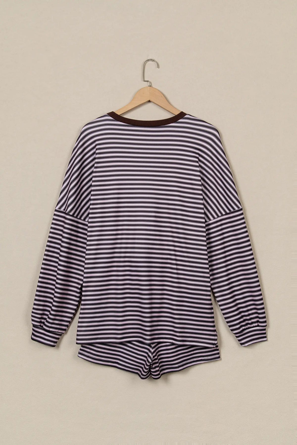 Brown Stripe Long Sleeve Oversized Top Pocketed Casual Shorts Two Piece Set