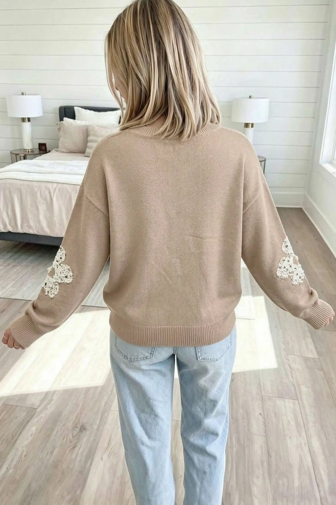 Beaded Floral Patchwork Ribbed Trim Round Neck Sweater