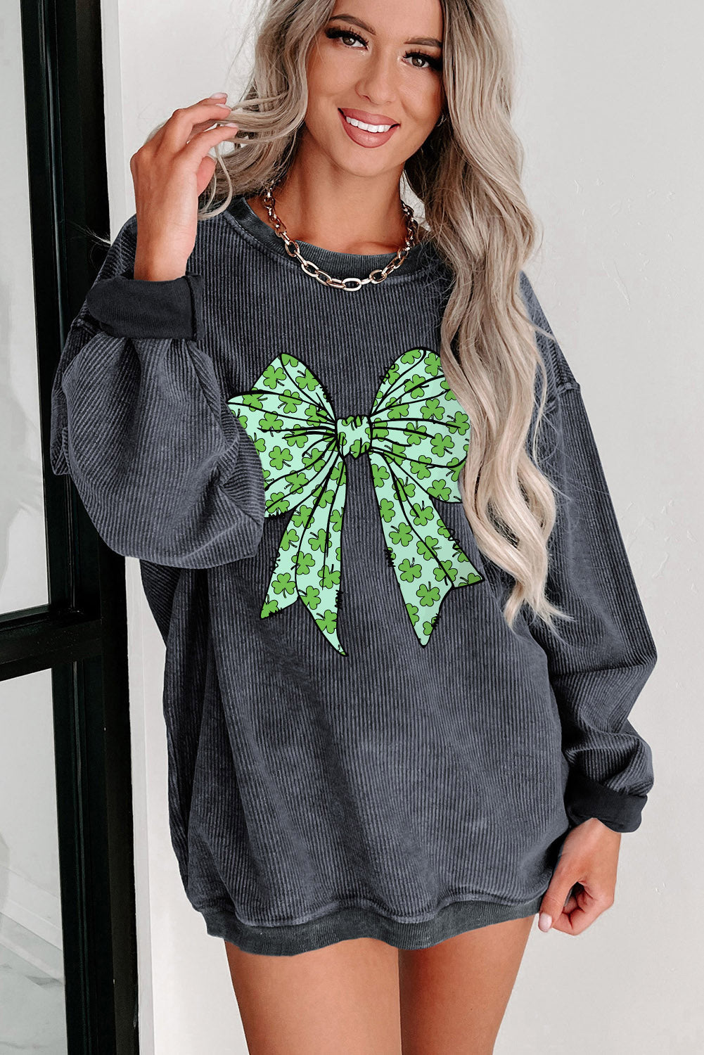 Grey Clover Bowknot Graphic Ribbed Pullover Sweatshirt eAura