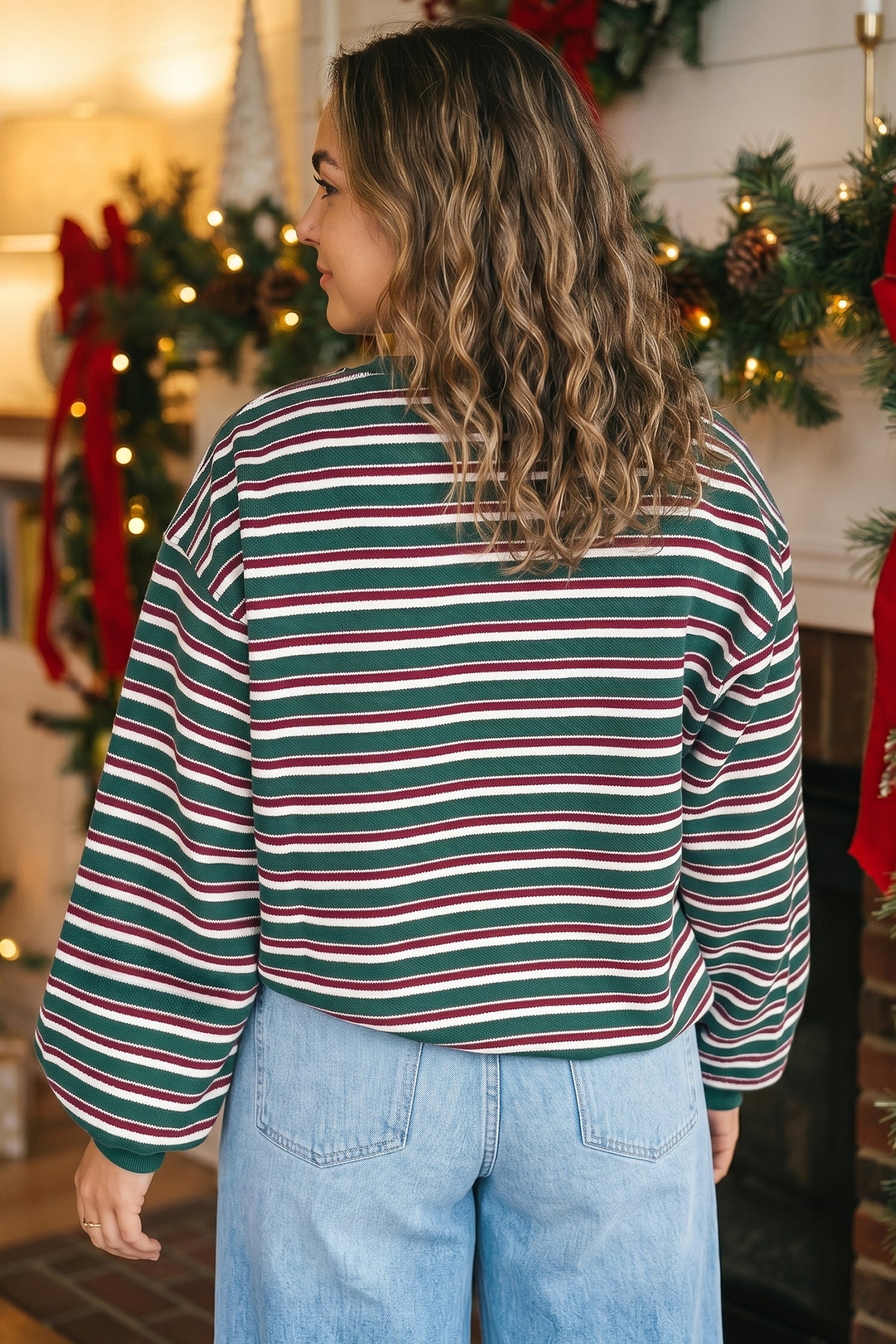 Striped Colorblock Round Neck Long Sleeve Shift Plus Size Sweatshirt – Green Stripe