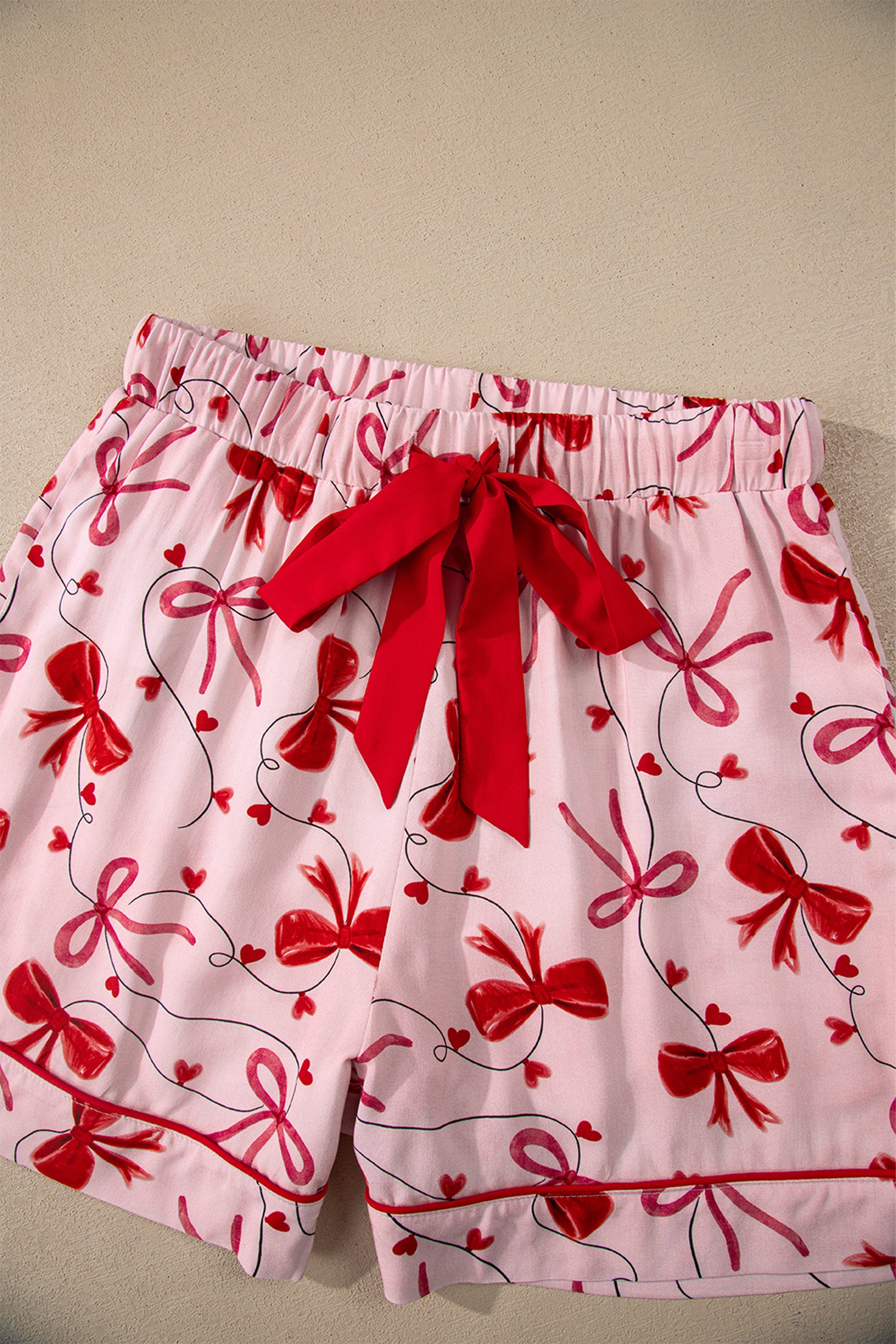 Bow Print Valentine Long Sleeve Shirt Shorts 2 Pcs Pajama Set – Red