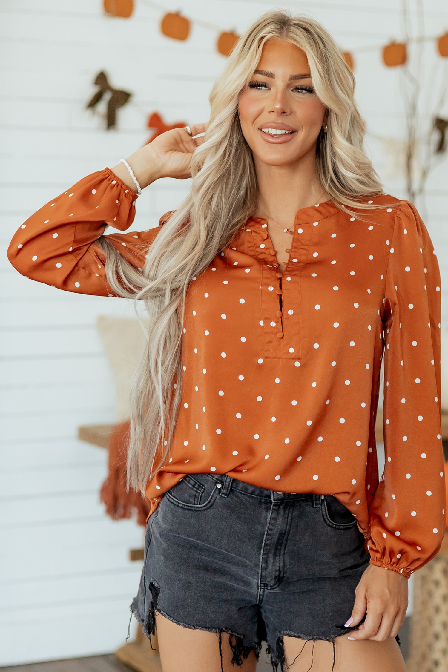 Polka Dot Half Button V Neck Long Sleeve Blouse – Brown