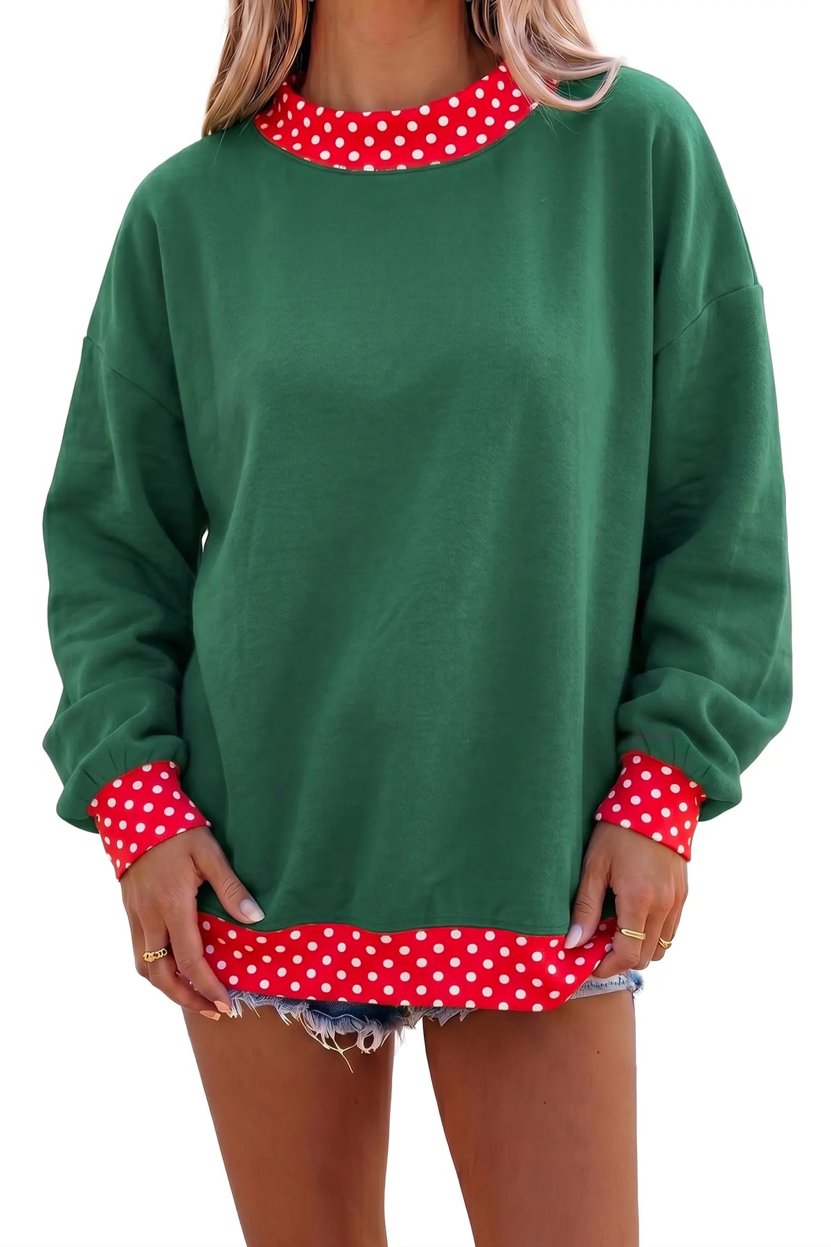Colourblock Polka Dot Contrast Trim Oversized Sweatshirt – Dark Green