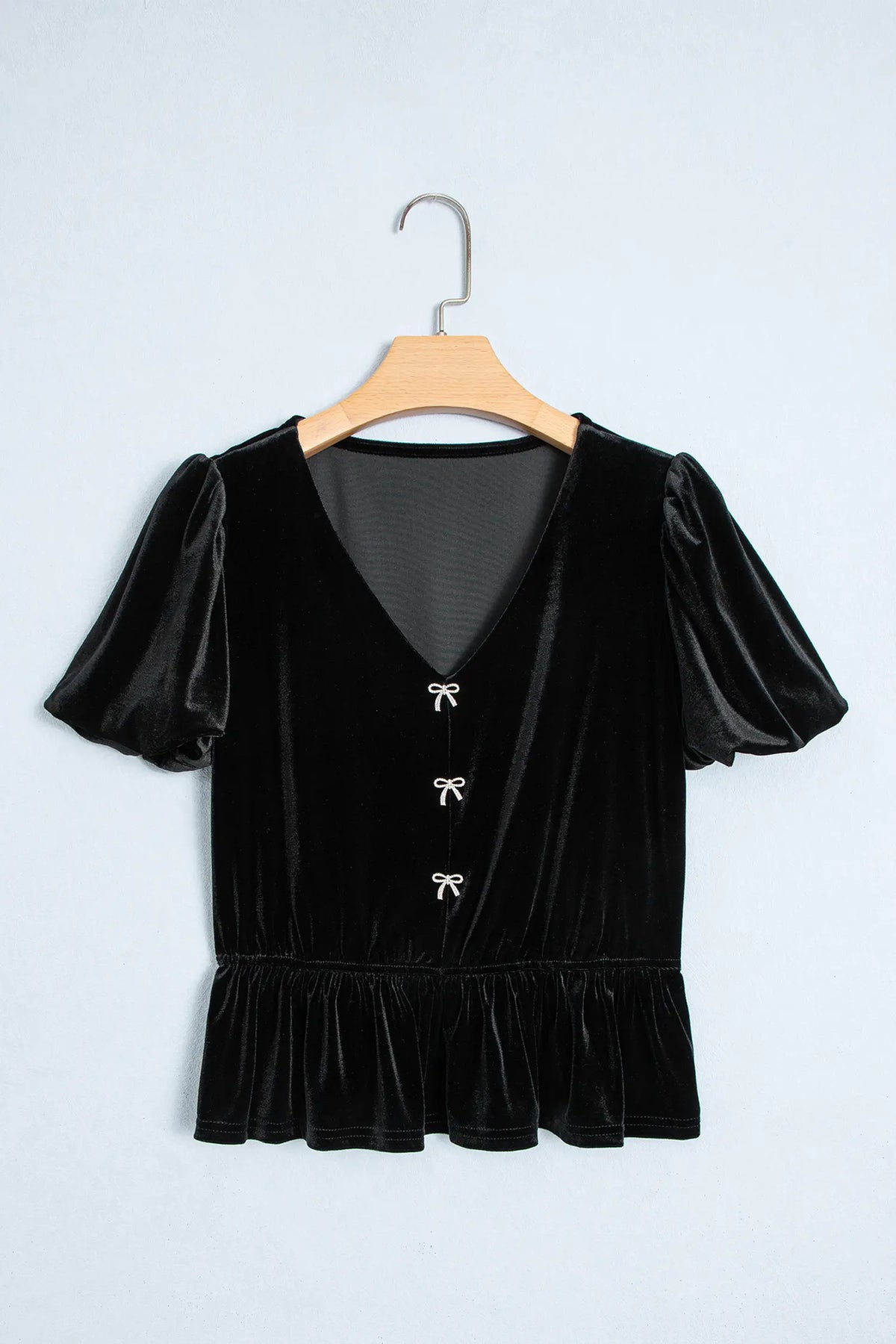 V Neck Bow Decoration Peplum Hem Shift Silhouette Short Sleeve Blouse – Black