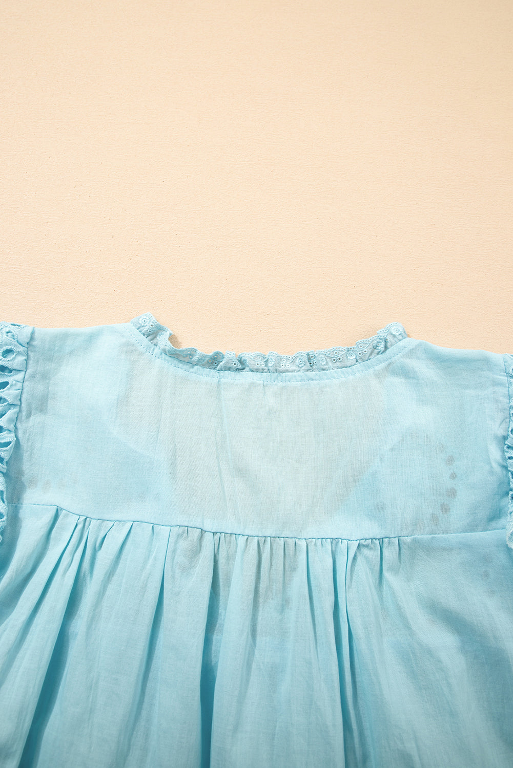 Blue Embroidered Lace Patchwork Tie Neck Puff Short Sleeve Blouse eAura