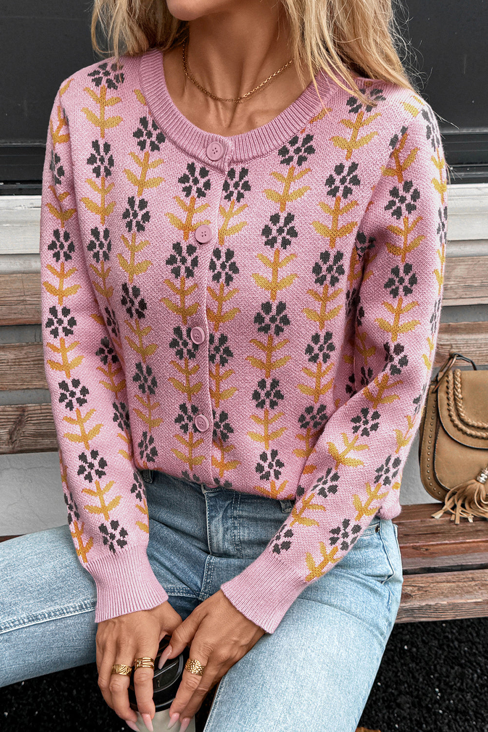 Pink Floral Button Down Ribbed Banded Cardigan Sweater Dear-Lover Dropshipping