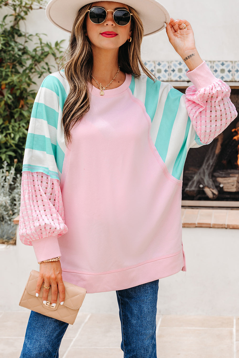 Striped Patchwork Raglan Pullover Top with Slits - eAura