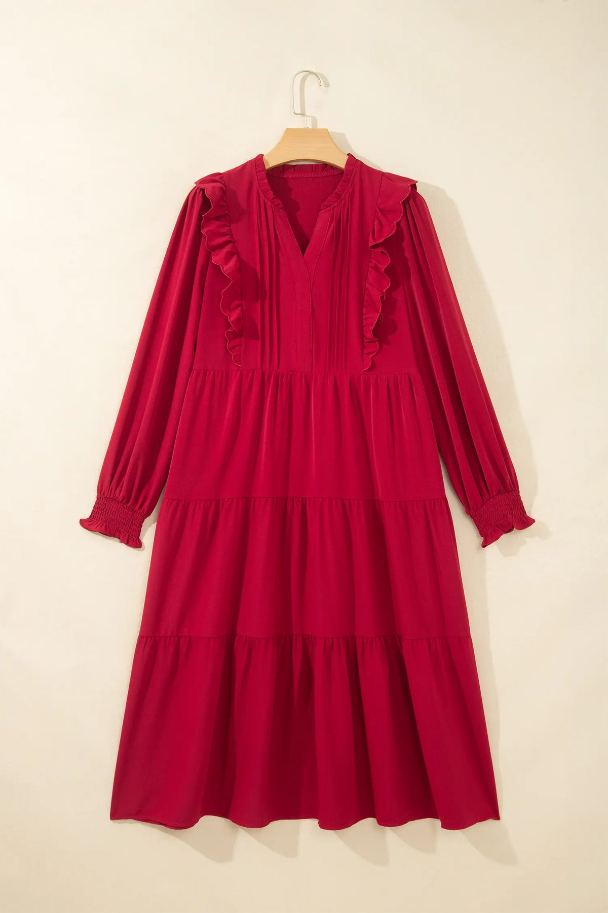 Solid Colour Ruffle Trim Long Sleeve Tiered Shift Midi Dress – Racing Red