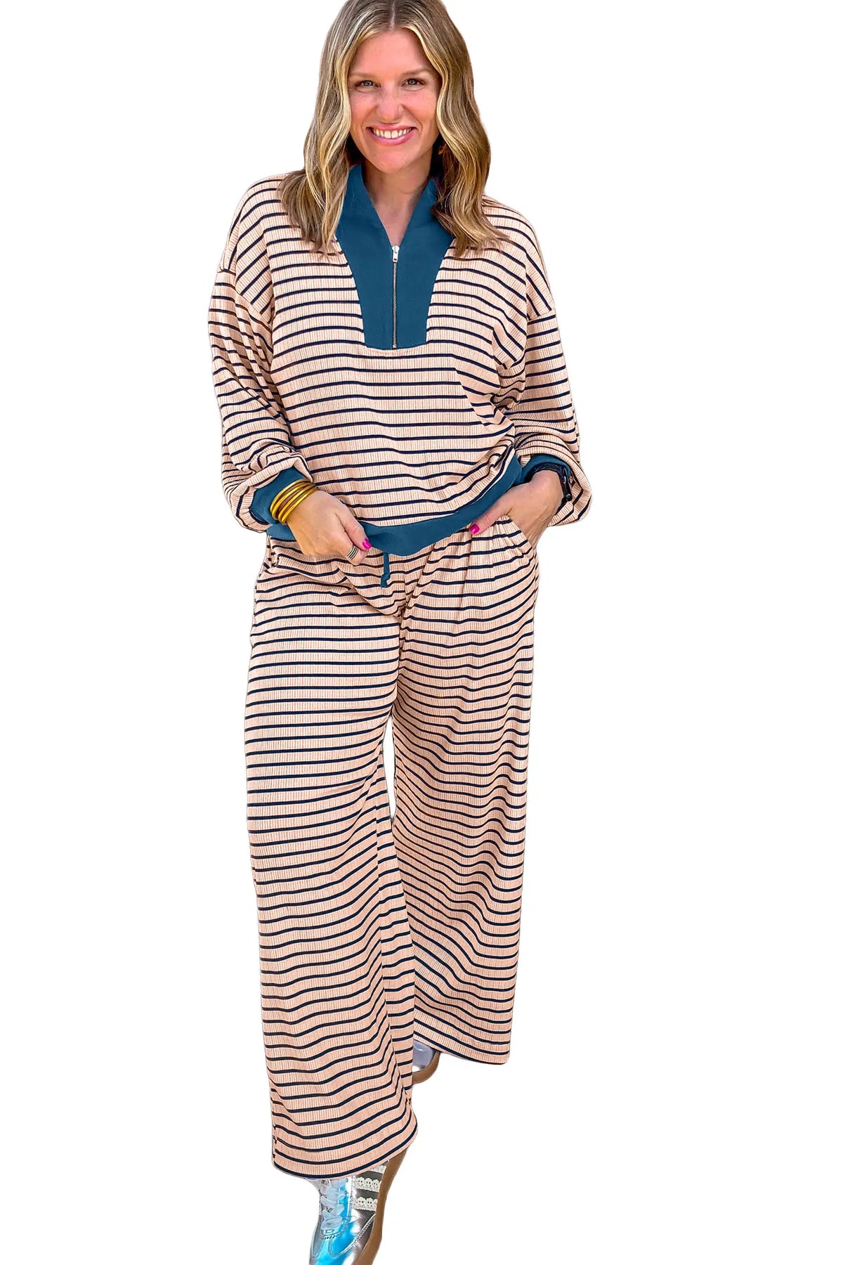 Striped Colourblock V Neck Long Sleeve Plus Size Set – Pink Stripe