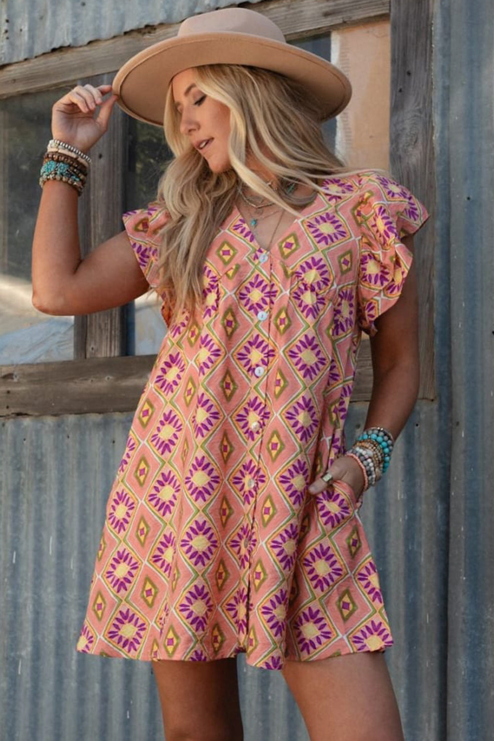 Orange Geometric Floral V Neck Buttoned Ruffled Sleeve Mini Dress eAura
