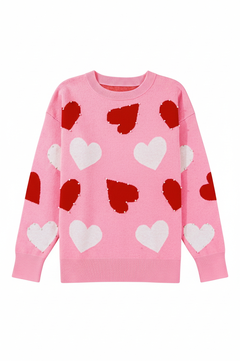 Pink Pearl Embellished Heart Pattern Sweater - eAura