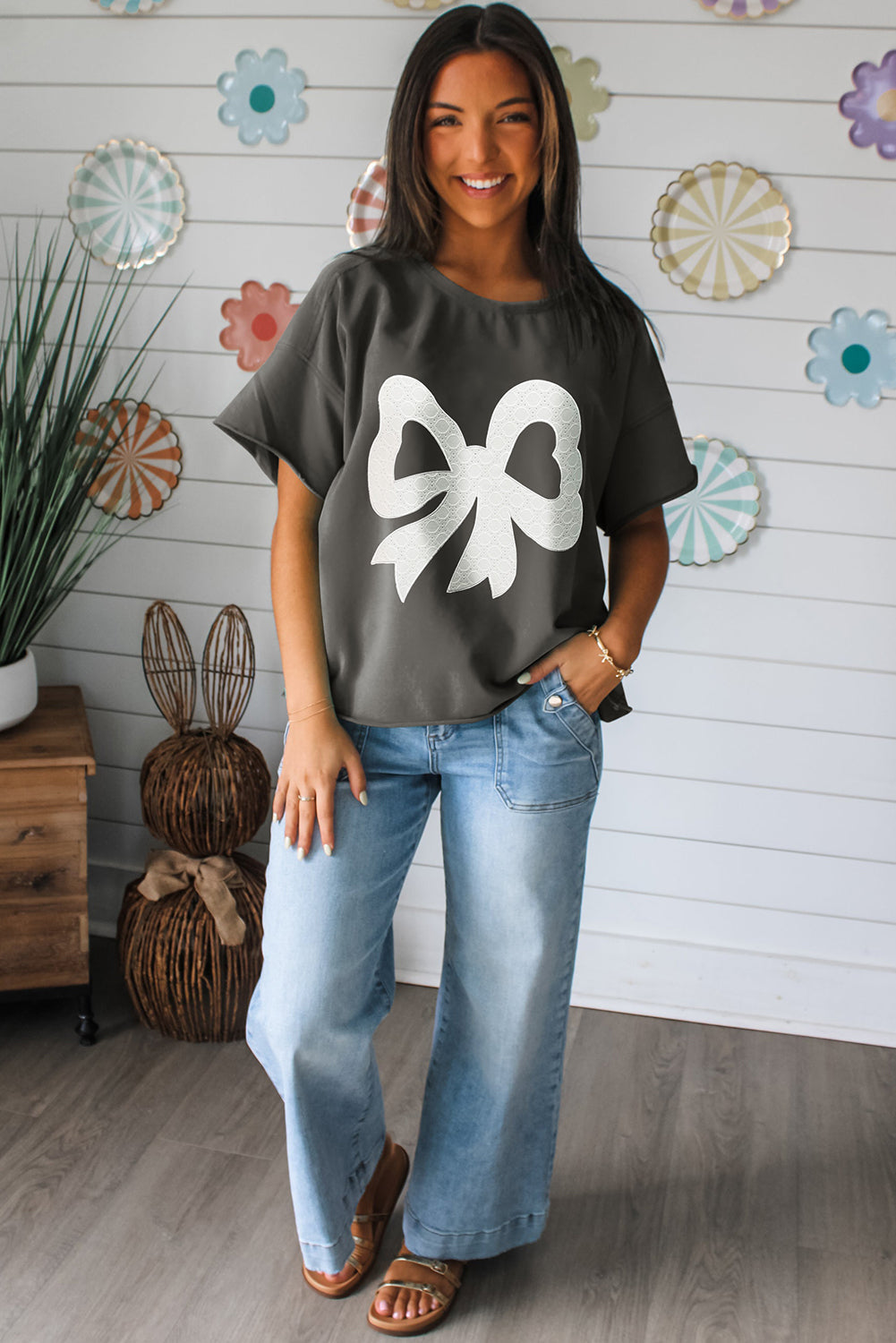 Bow Raw Edge Drop Shoulder Casual T Shirt eAura