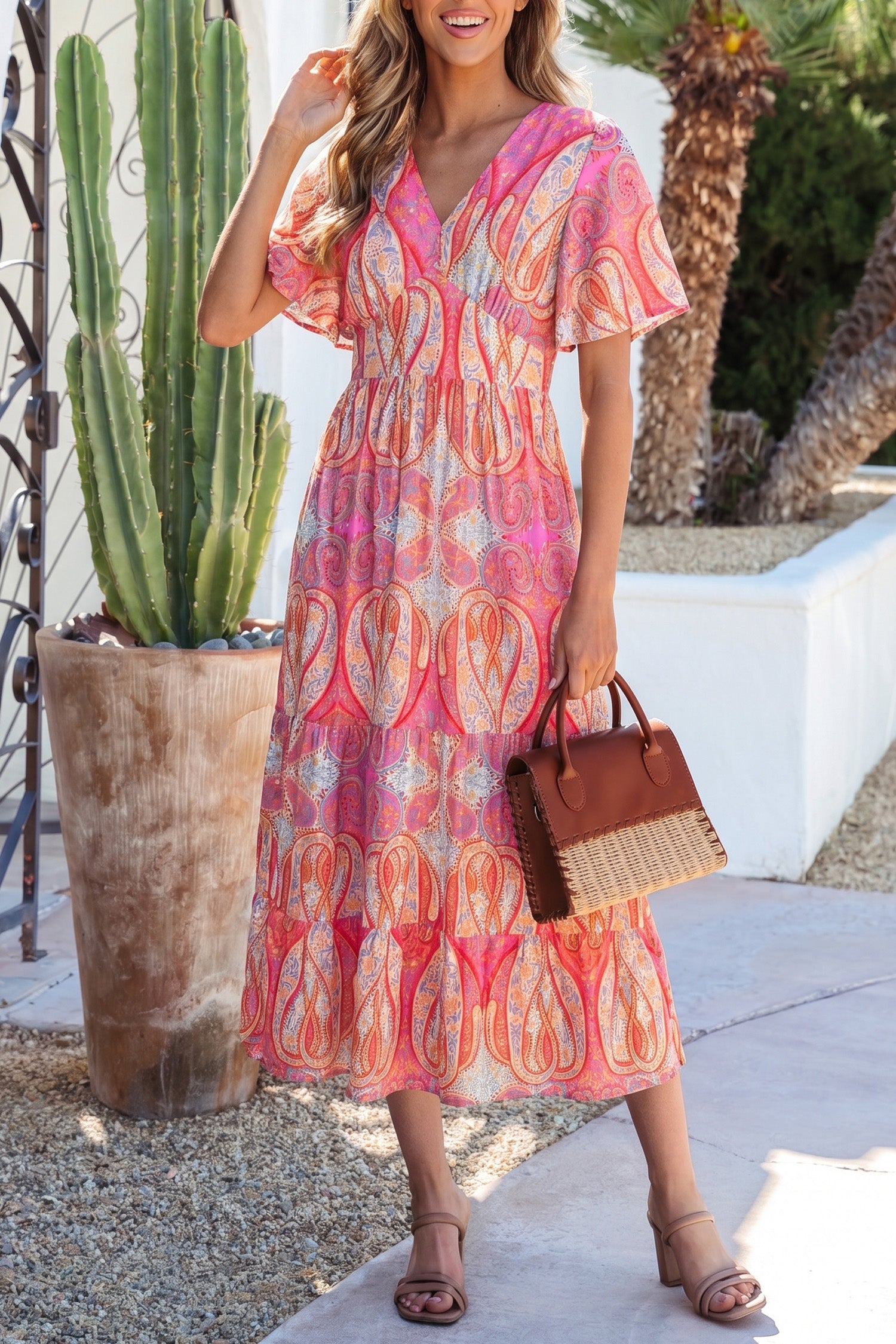 Paisley Print V-Neck Short Sleeve Boho Maxi Dress with Ruffle Details – Multicolour