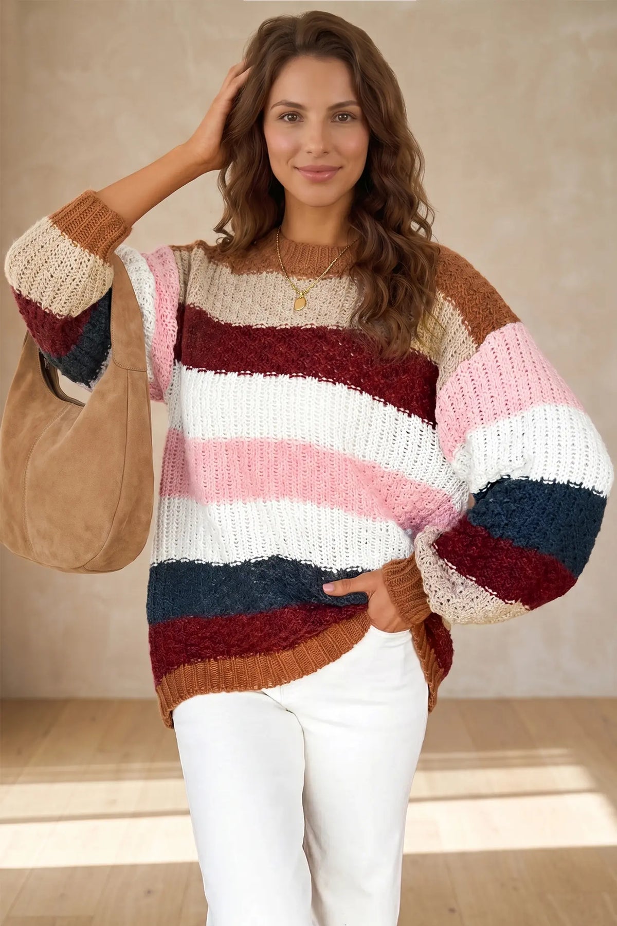 Striped Knit Dropped Shoulder Round Neck Pullover Sweater