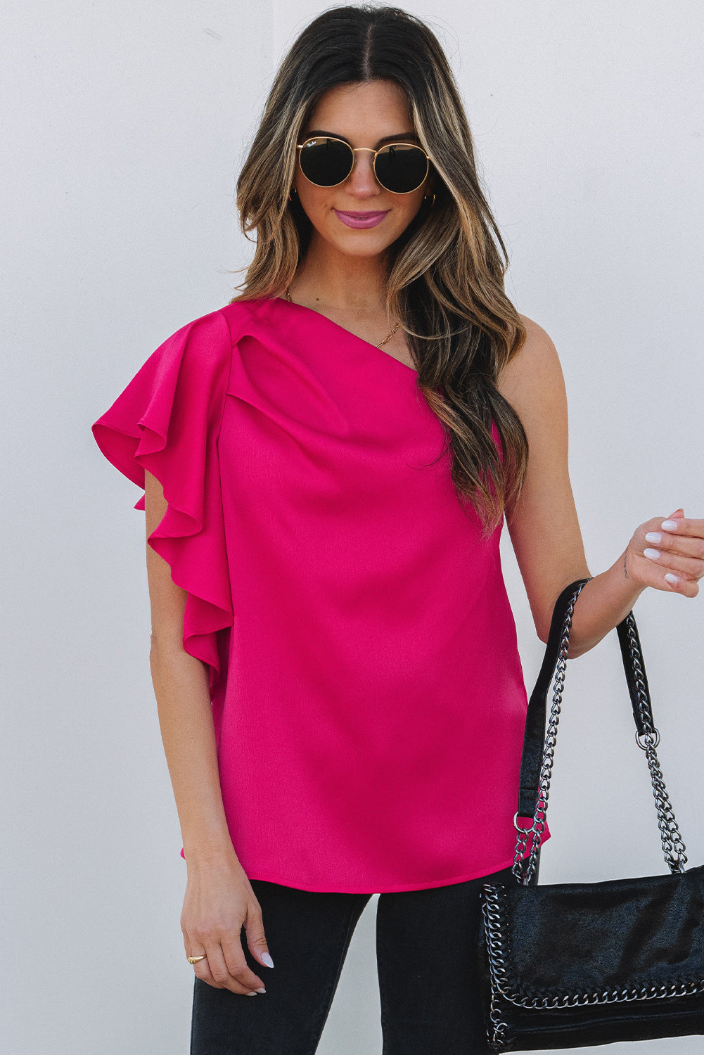 Strawberry Pink Asymmetric Shoulder Ruffle Sleeve Elegant Blouse eAura