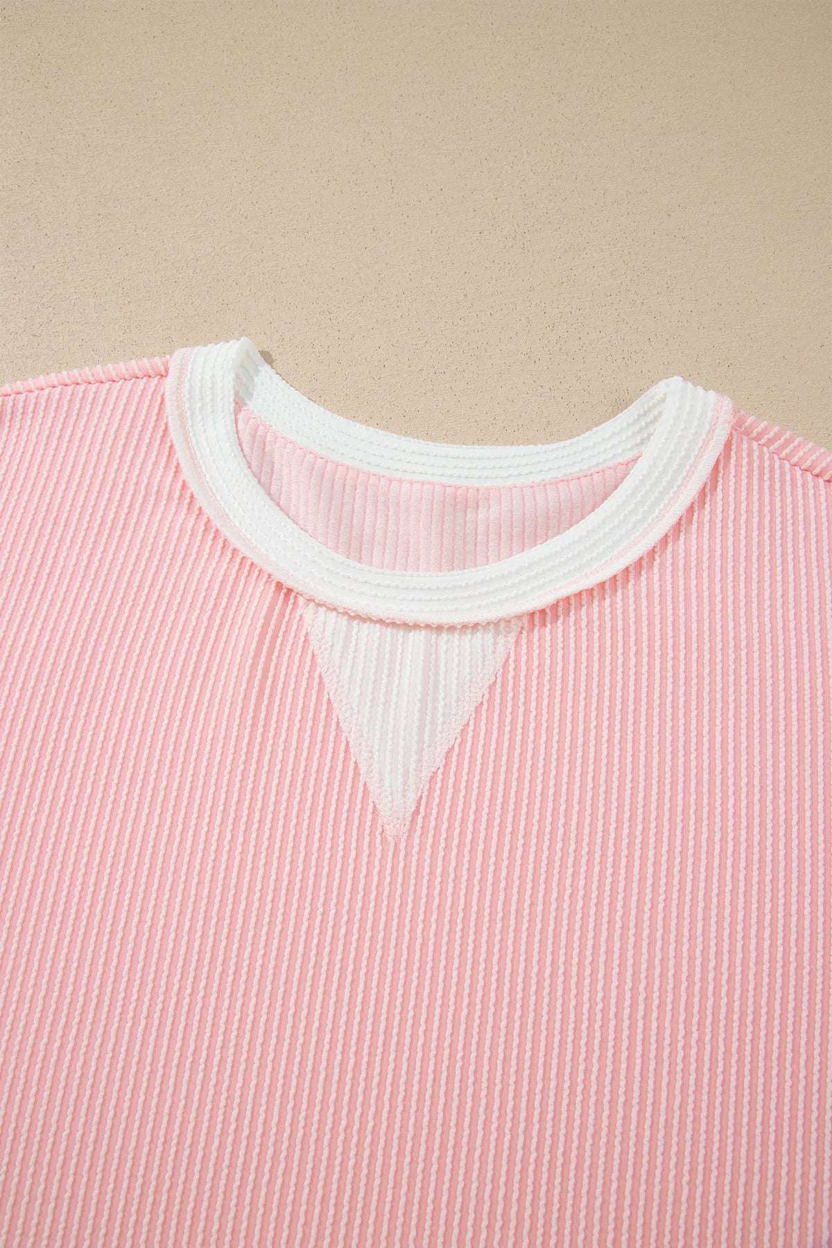 Ribbed Knit Colourblock Long Sleeve Round Neck Plus Size Blouse – Pink