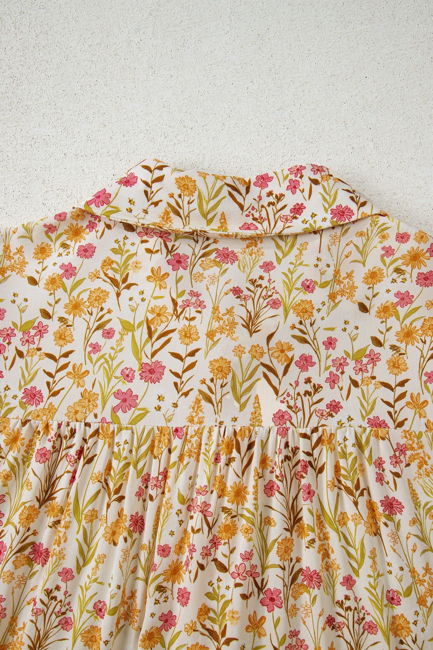 Floral Print Frilly Trim Smocked Cuff Long Sleeve Loose Shirt Dress - Dresses/Mini Dresses