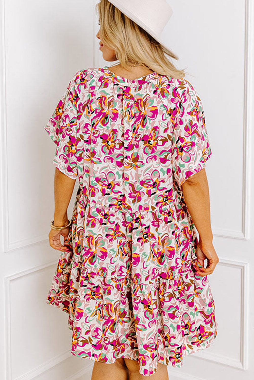 White Abstract Print V Neck Short Sleeve Ruffled Plus Size Mini Dress BB Fashion Outlet