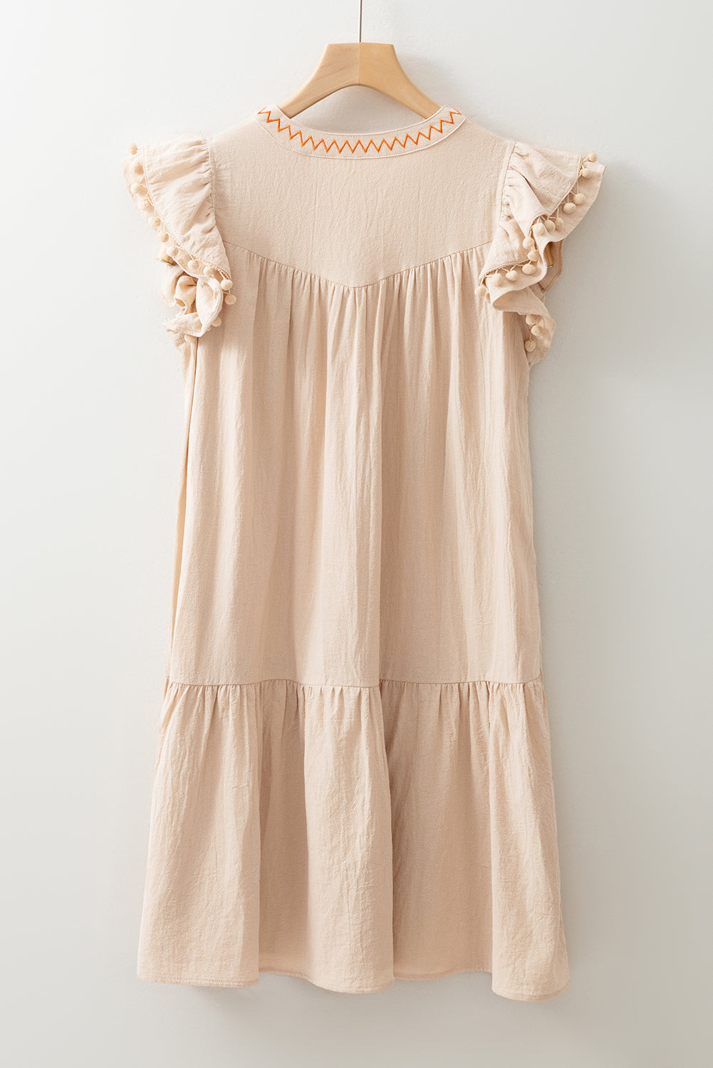 Jet Stream Linen Embroidery Split Neck Pom Pom Ruffle Sleeves Flowy Short Dress eAura