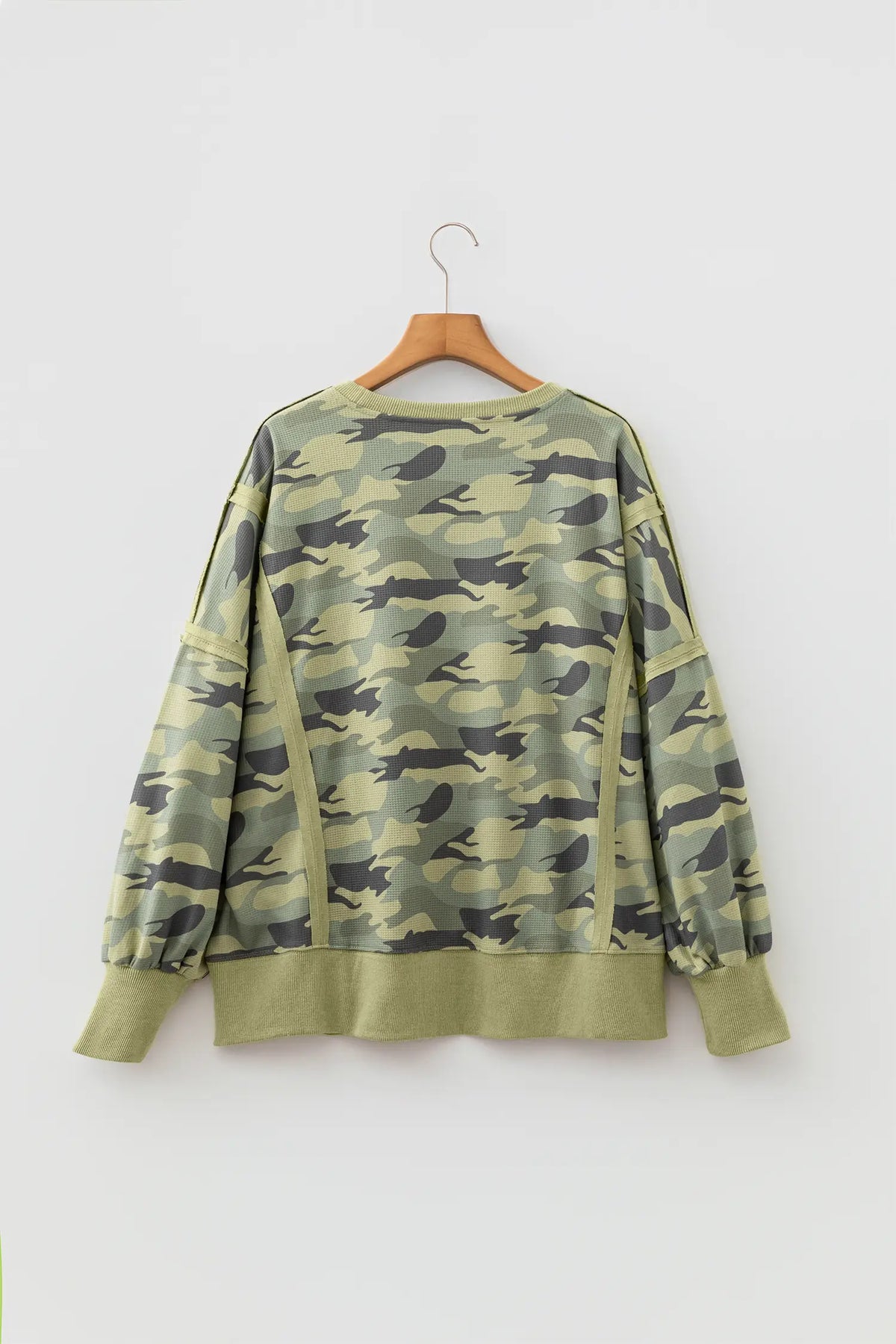 Camouflage Waffle Knit Raw Edge Contrast Trim Oversized Long Sleeve Top – Green