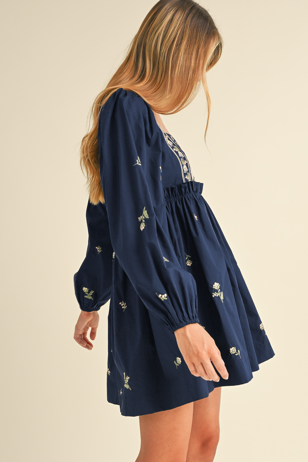Blue Floral Embroidered Square Neck Puff Sleeve Ruffled Mini Dress eAura