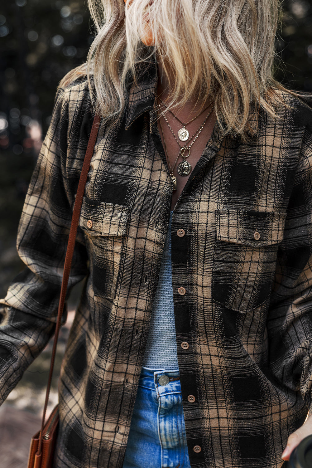 Multicolour Retro Plaid Double Flap Pocket Brushed Shacket eAura