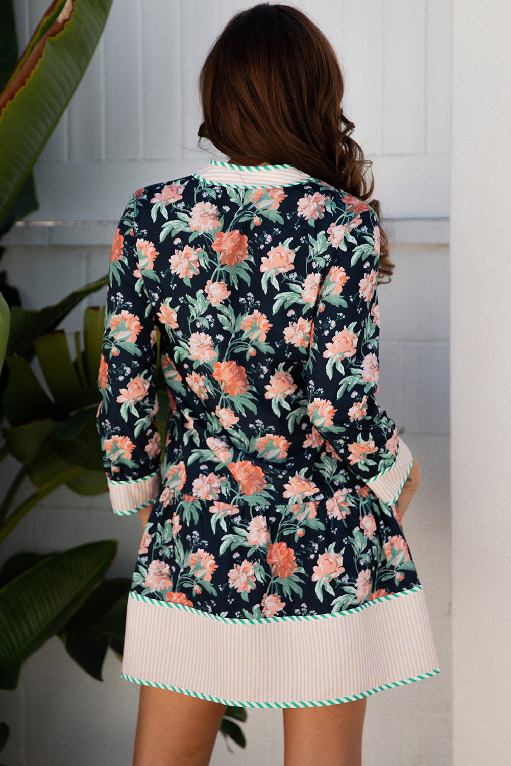 Floral Print Striped Trim V-Neck Long Sleeve Ruffle Hem Shift Mini Dress - eAura