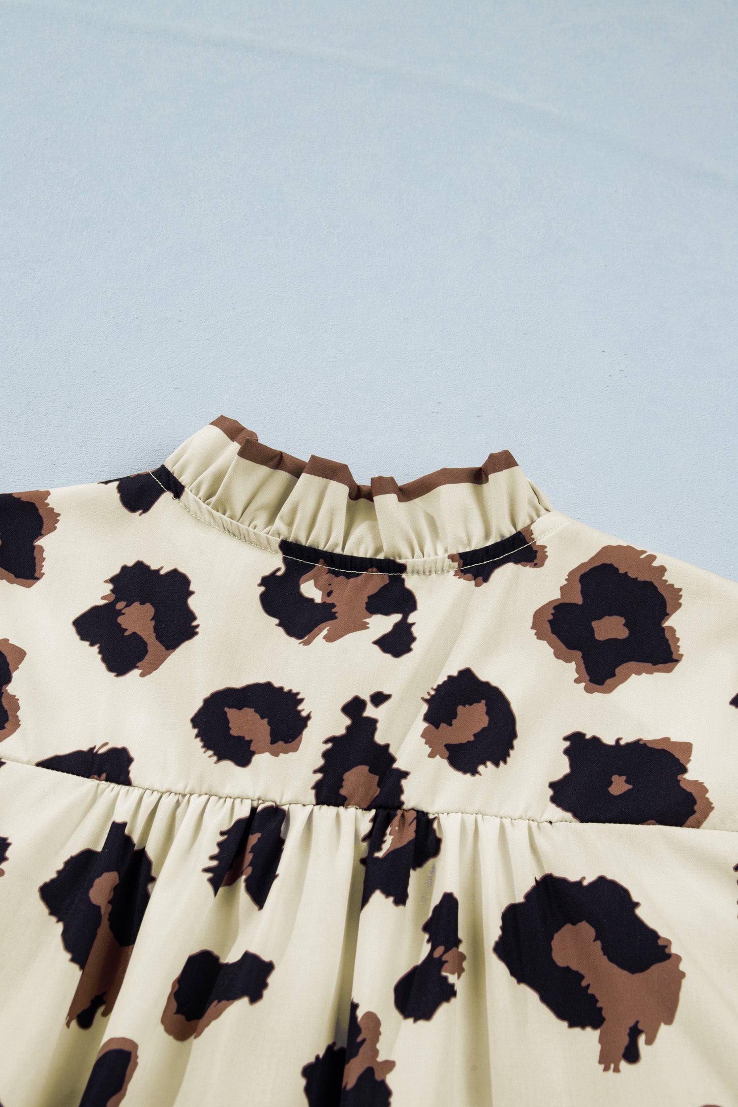Plus Size Leopard Print Frilled Color Block Trim Button Down Short Sleeve Blouse – Khaki