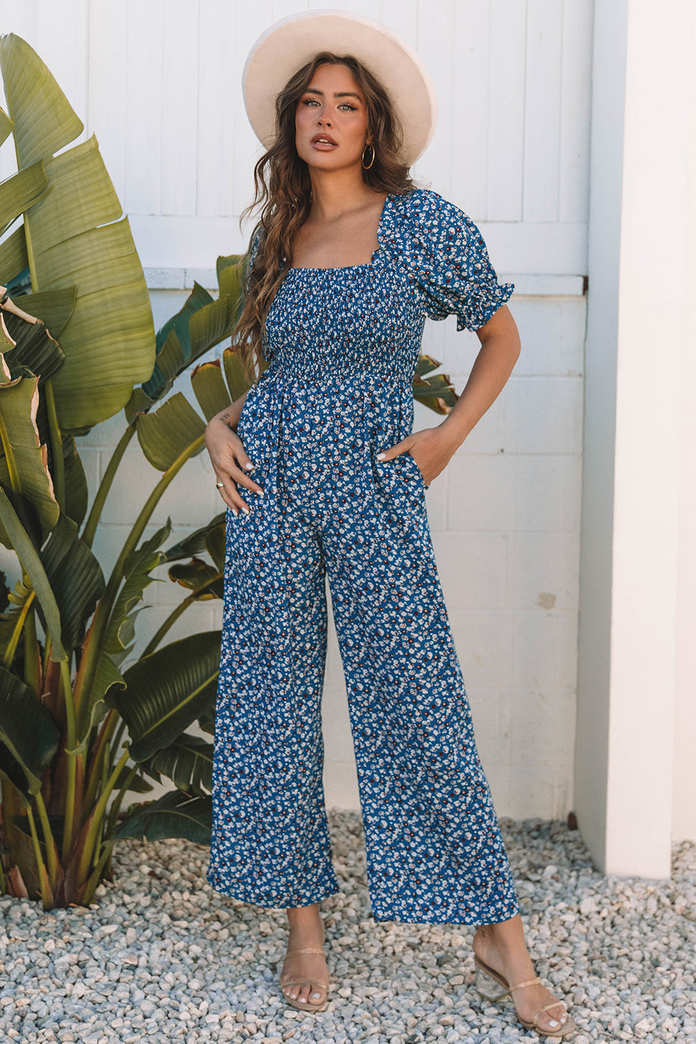 Blue Vintage Boho Floral Smocked Short Puff Sleeve Wide Leg Jumpsuit eAura