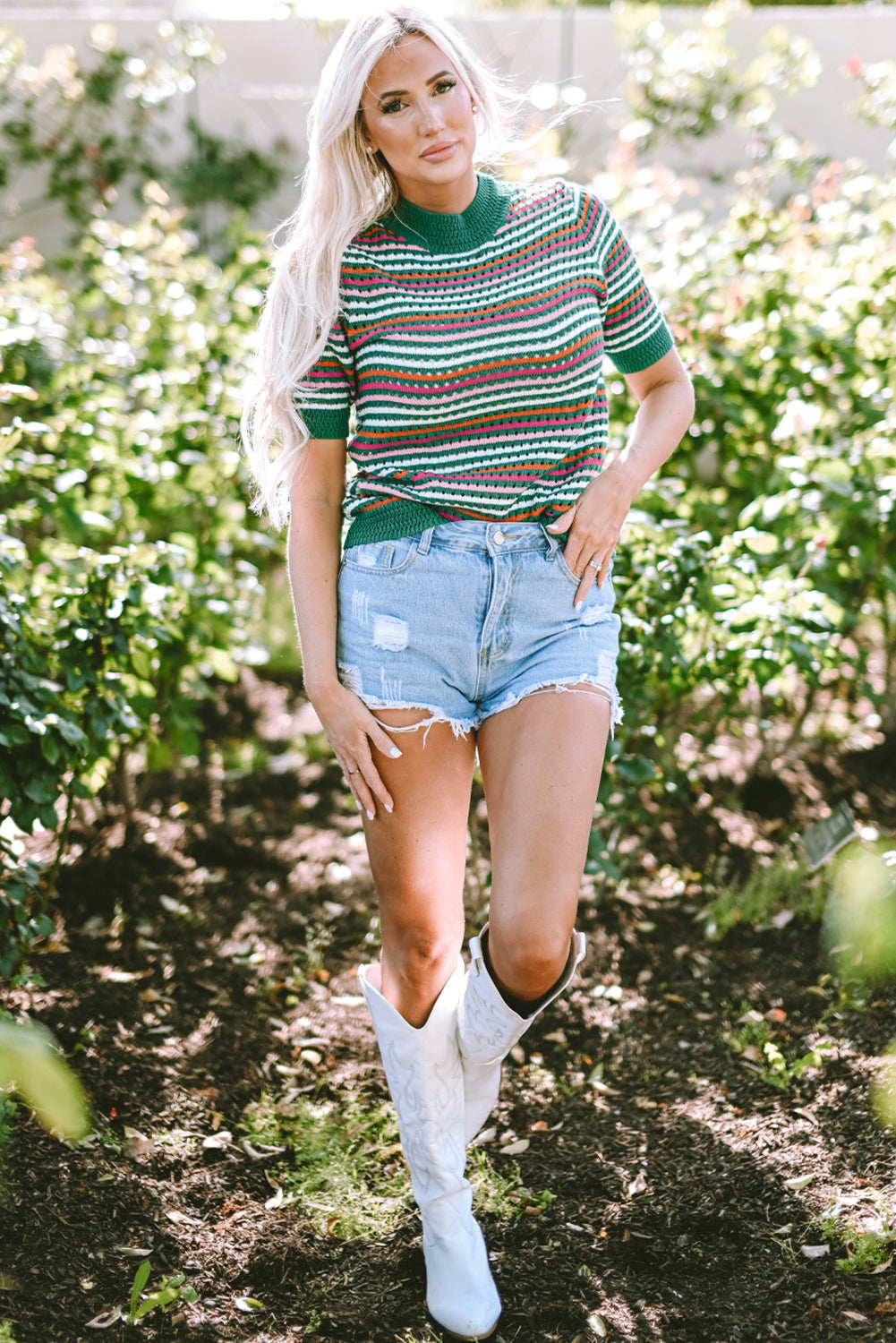 Dark Green Striped Pattern Contrast Trim Pointelle Knit T Shirt eAura