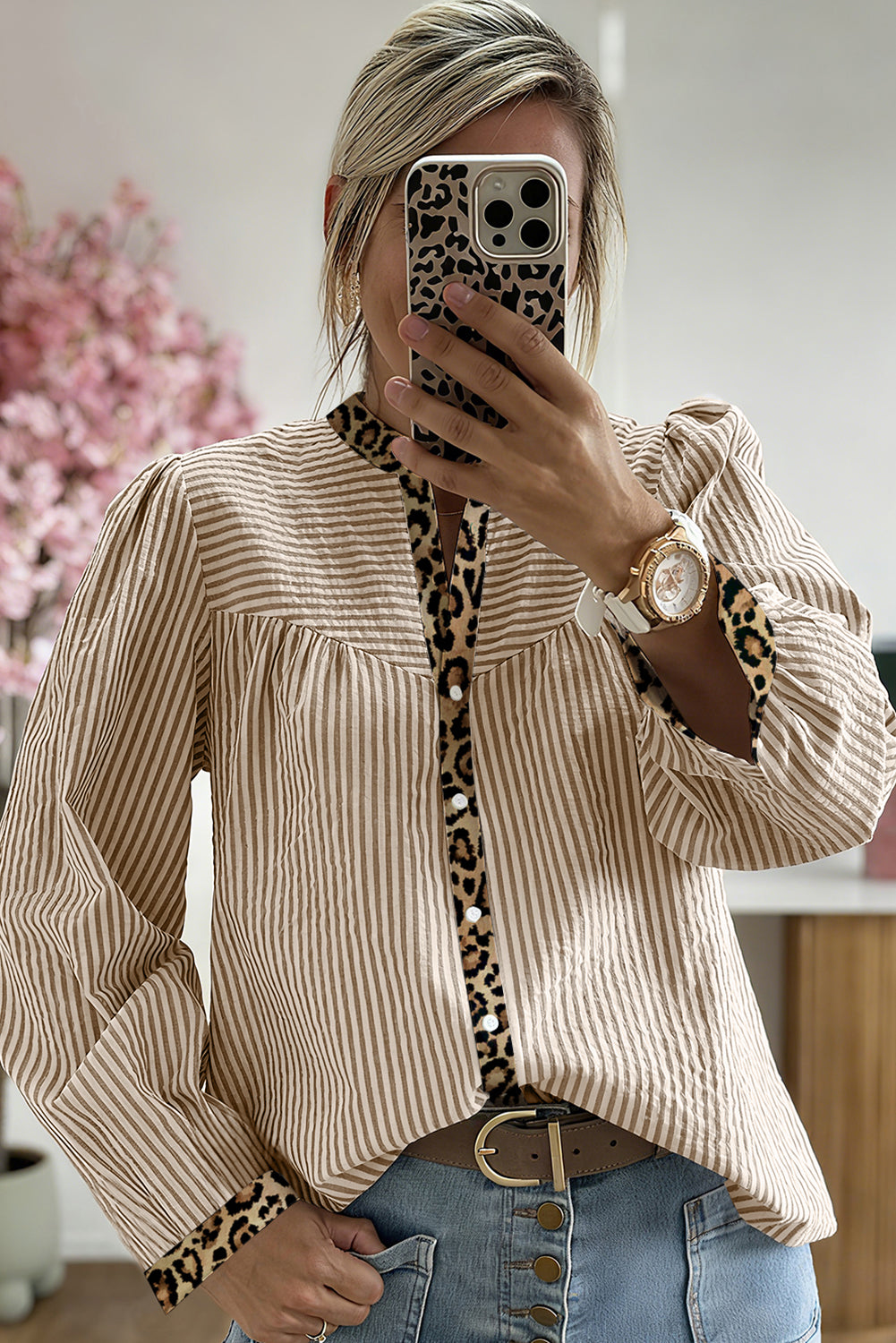 Stripe Leopard Patchwork Long Sleeve Shirt - Tops/Blouses & Shirts