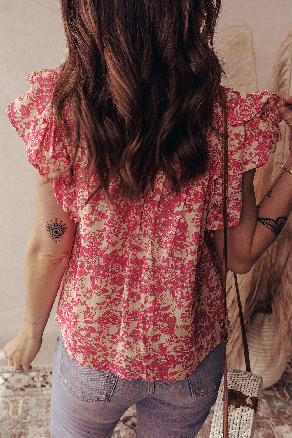 Rose Allover Print Half Button Neck Ruffle Sleeve Blouse eAura