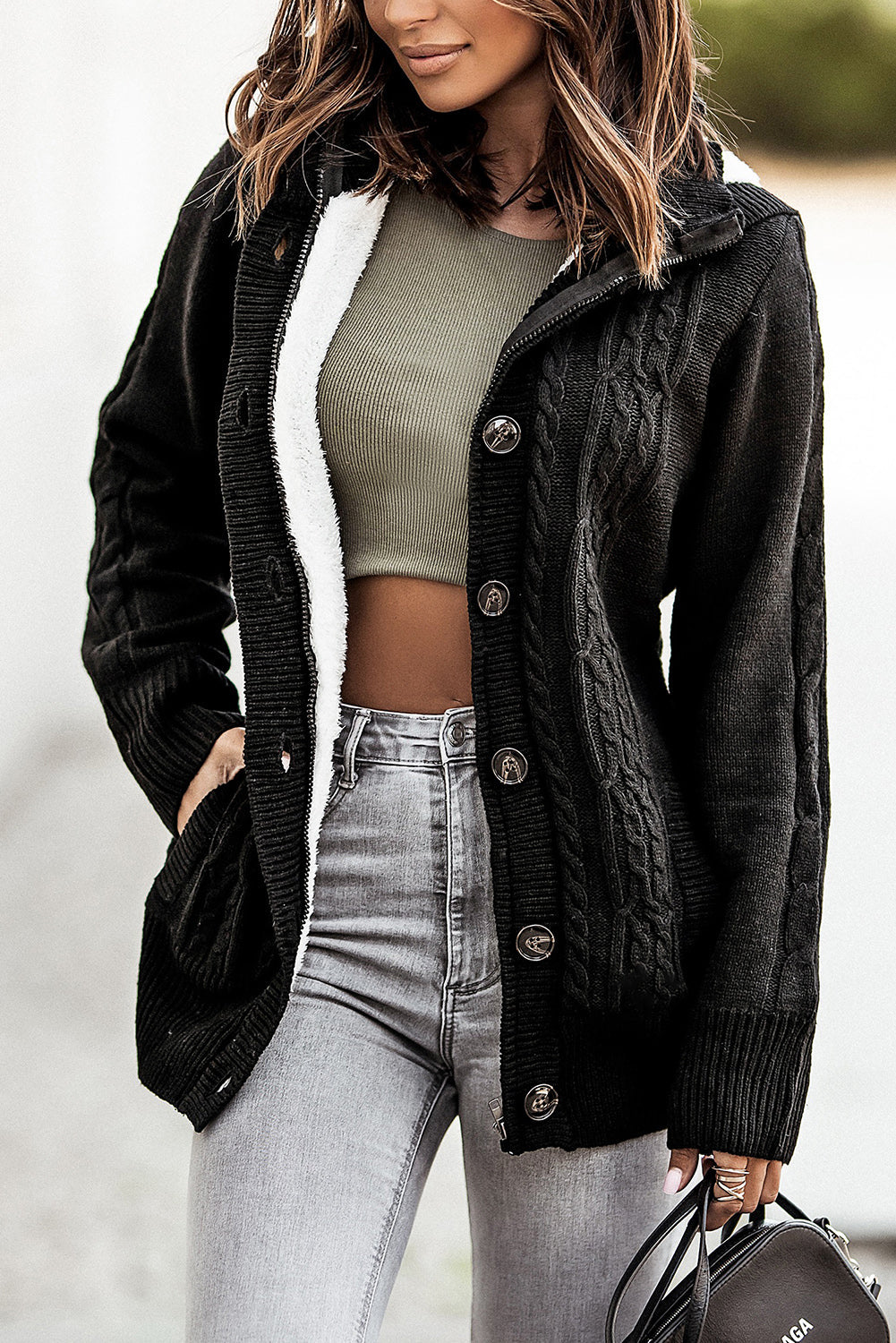 Dark Grey Long Sleeve Button-up Hooded Cardigans eAura