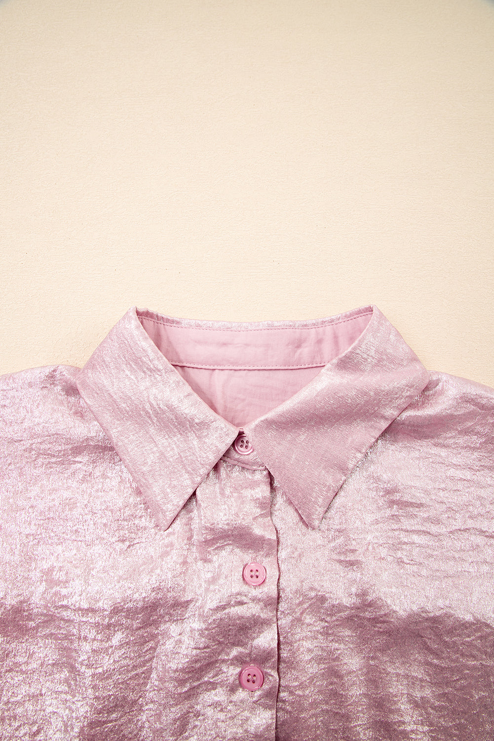 Pink Metallic Sheen Short Sleeve Buttoned Front Casual Shirt BB Fashion Outlet