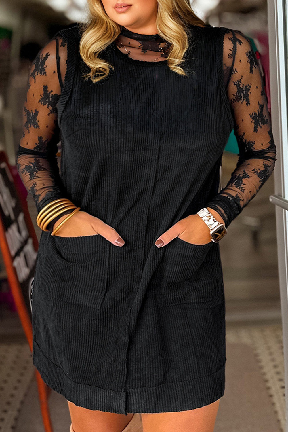 Plus Size Soft Corduroy Patch Pocket Sleeveless Mini Dress - eAura